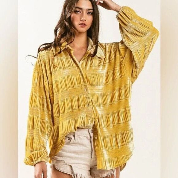 Bibi Yellow Shimmer Velvet Smocked Button Down Oversized Blouse Top Medium Boho - Picture 1 of 13